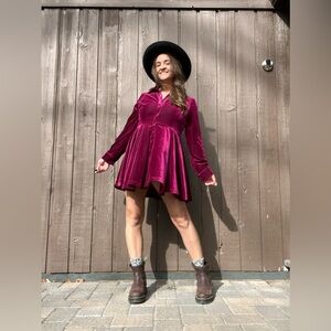 Hers & Mine Velvet Fit and Flare Dress Berry Long Sleeve Mini - Medium